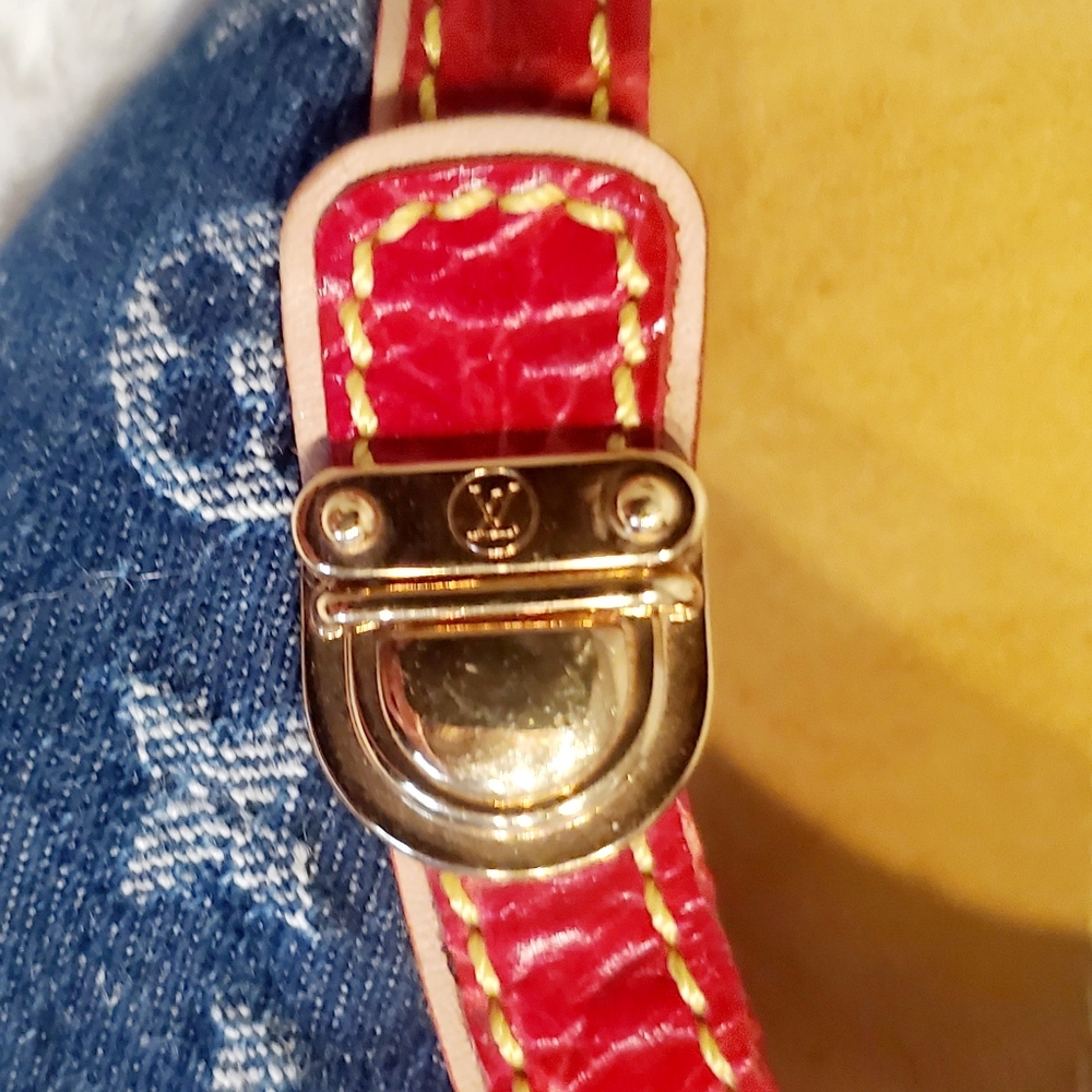 Louis Vuitton Monogram Denim Slide Sandals Red Leather Y2K LV Mule Luxury Size 9 - Picture 12 of 16